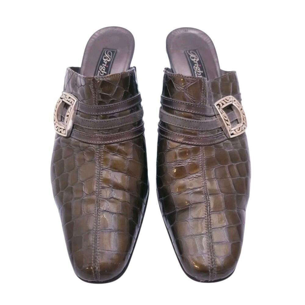 Brighton Tudor Olive Green Patent Leather Mules Shoes Size 7.5 M Slip On - Picture 3 of 6